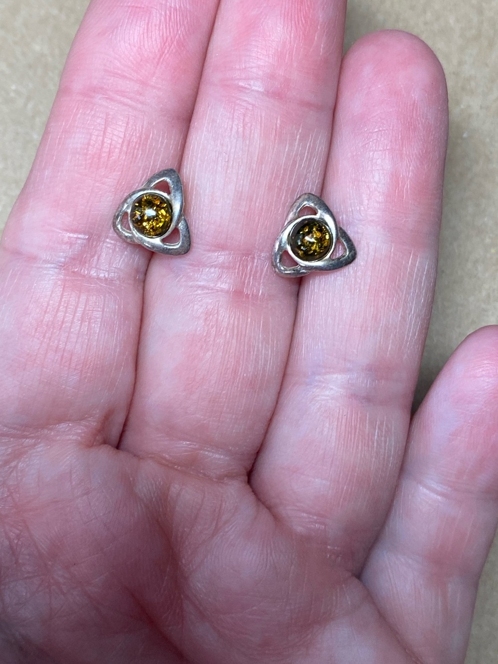Vintage small Celtic trinity amber sterling silver stud earrings